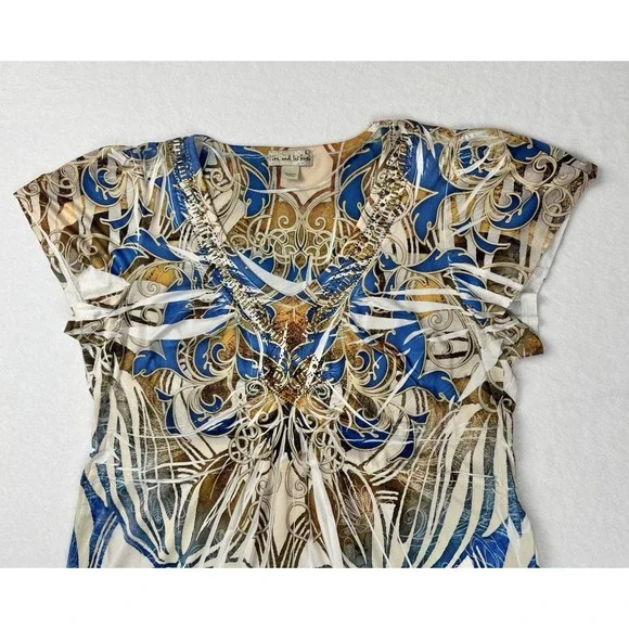 Live and Let Live Boho Beaded V-Neck Scroll Print Dress Women's Size L - Picture 3 of 10